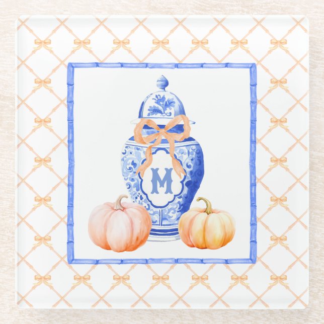 Fall Pumpkin | Ginger Jar Monogram Glass Coaster (Front)
