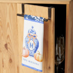 Fall Pumpkin | Ginger Jar Monogram Kitchen Towel<br><div class="desc">This chic design features chinoiserie ginger jar with a blue monogram and an orange bow surrounded by pumpkins. There is a coordinating chinoiserie pattern in the background. You can personalize with your monogram and name.</div>