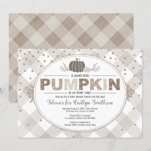 fall pumpkin gingham neutral colours beige shower invitation