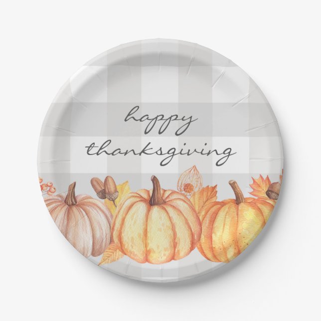 Fall pumpkin gingham thanksgiving party decor paper plate (Front)