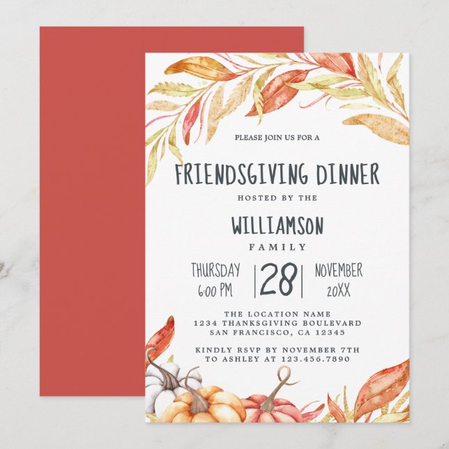 Fall Pumpkin Golden Foliage Friendsgiving Dinner I Invitation (Front/Back)