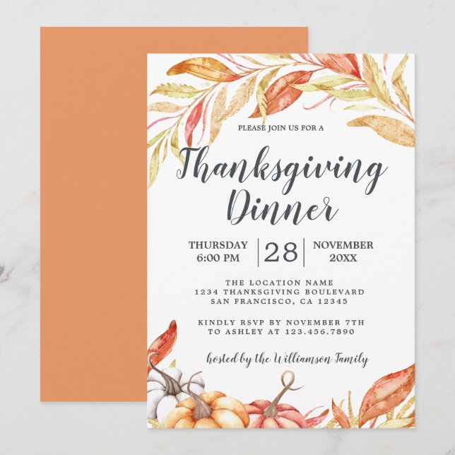 Fall Pumpkin Golden Foliage Thanksgiving Dinner In Invitation (Front/Back)