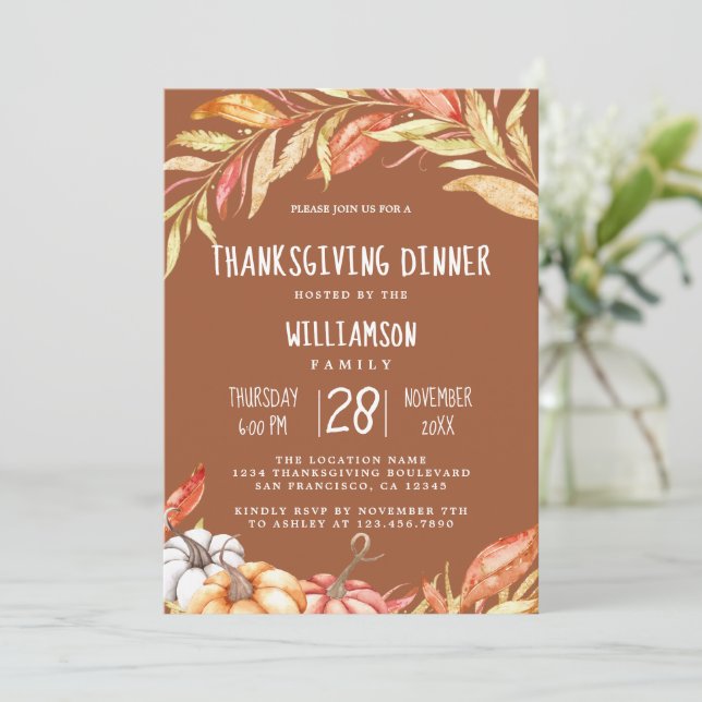 Fall Pumpkin Golden Foliage Thanksgiving Dinner Invitation (Standing Front)