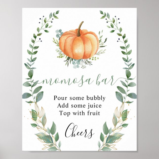 Fall Pumpkin Greenery Gold Foliage Momosa Bar Sign (Front)