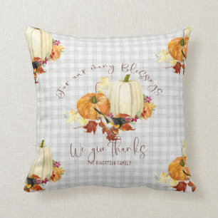 Fall Pumpkin Grey Buffalo Plaid Orange White Leaf  Throw Pillow