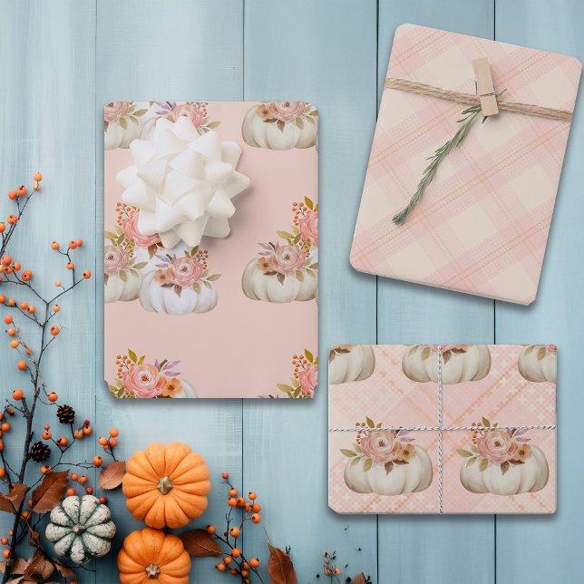 Fall Pumpkin Harvest Pink Thanksgiving Customize Wrapping Paper Sheet (Creator Uploaded)