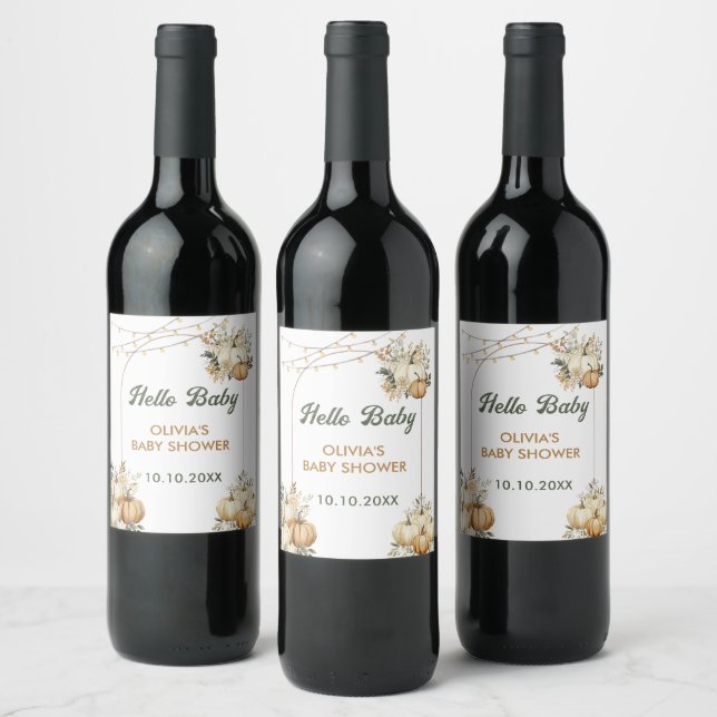 Fall Pumpkin Hello Baby Baby Shower Wine Label (Bottles)