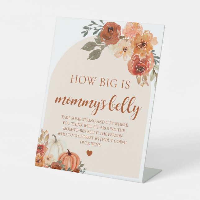 Fall Pumpkin How Big is Her Belly Baby Shower Game Pedestal Sign (Front)