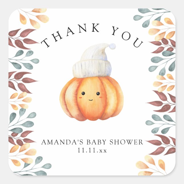 Fall pumpkin in hat - thank you square sticker (Front)