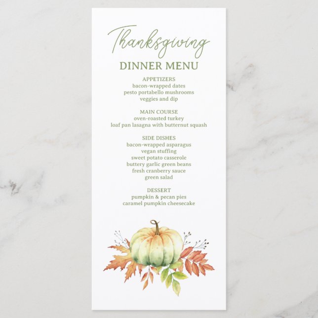 Fall Pumpkin Leaves Rustic Thanksgiving Dinner Menu (Front)