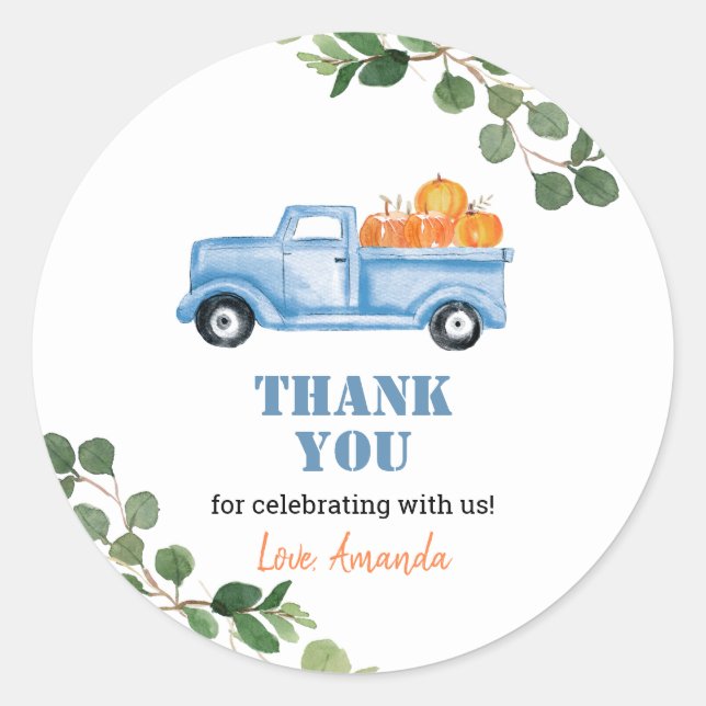 Fall Pumpkin Little Blue Truck Thank You Sticker (Front)