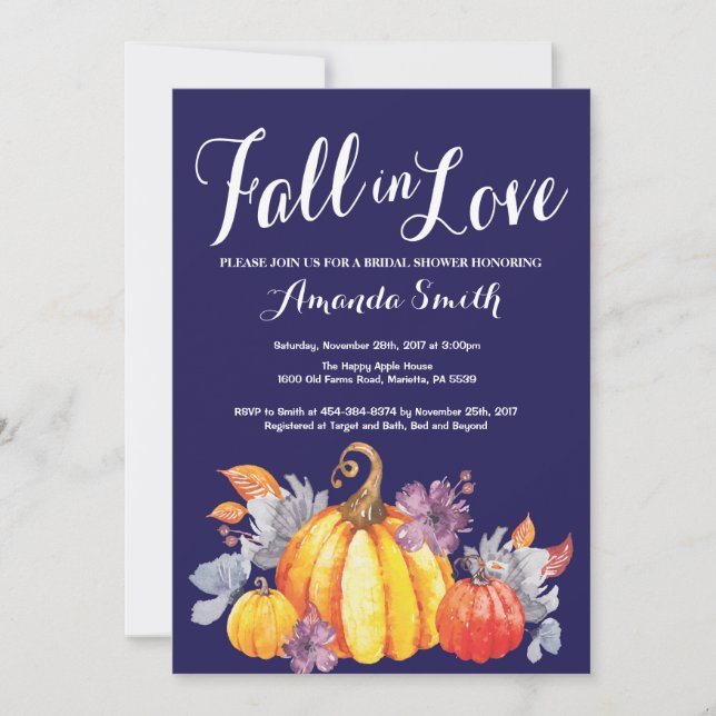 Fall Pumpkin Navy Blue Bridal Shower invitation (Front)