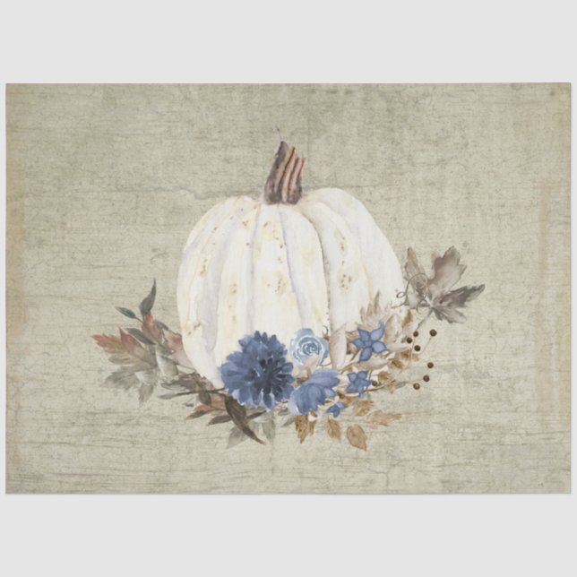 Fall Pumpkin Navy Blue Floral Foliage Rustic Wood Tissue Paper (Front)