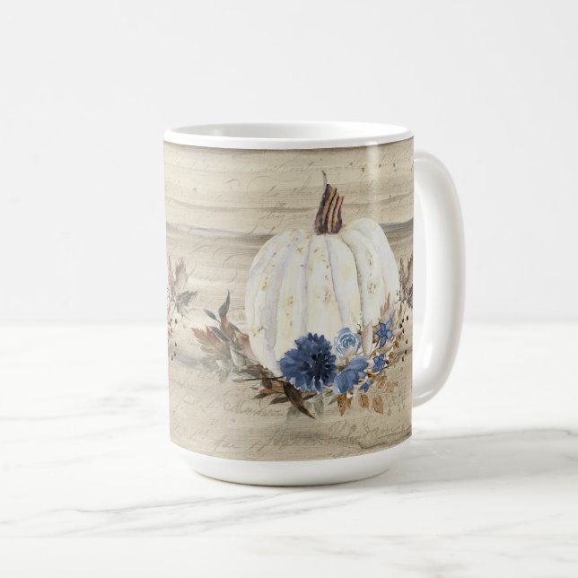 Fall Pumpkin Navy Blue Floral Wooden Script Coffee Mug (Front Right)