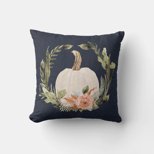 Fall Pumpkin Navy Blue Peach Rust Floral Foliage Throw Pillow (Front)