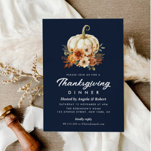 fall pumpkin navy blue thanksgiving dinner invitation