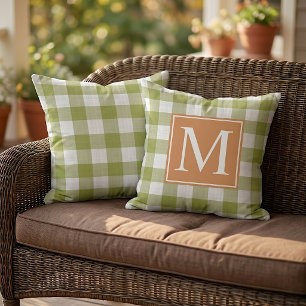 Fall Pumpkin Orange Leaves Green Gingham Pattern Outdoor Pillow