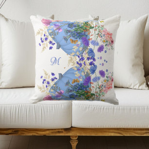 Fall Pumpkin Pastel Blue Botanical Flora Monogram Throw Pillow