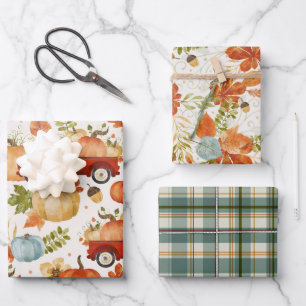 Fall Pumpkin Patch Truck Plaid Wrapping Paper Sheet