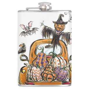 Fall Pumpkin Patch Truck with bats scarecrow bird Hip Flask
