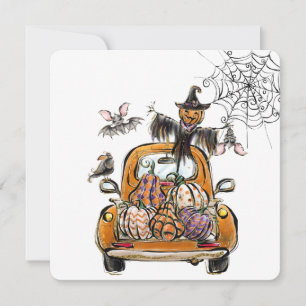 Fall Pumpkin Patch Truck with bats scarecrow bird  Holiday Card