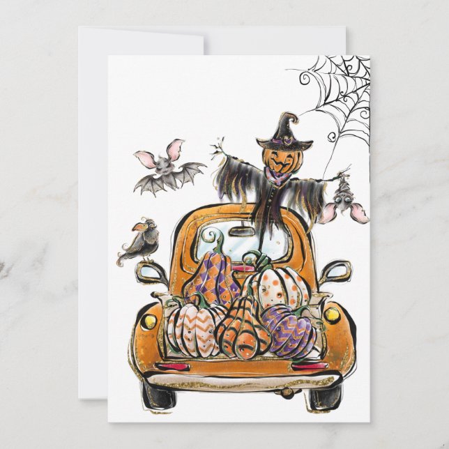 Fall Pumpkin Patch Truck with bats scarecrow bird  Invitation (Front)