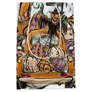 Fall Pumpkin Patch Truck with bats scarecrow bird Medium Gift Bag