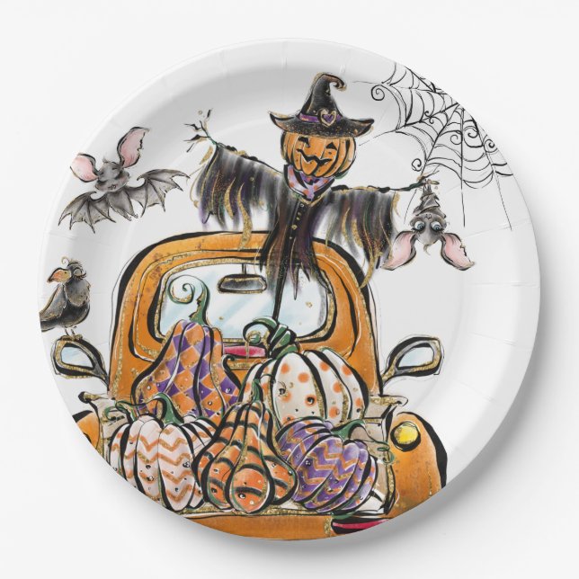 Fall Pumpkin Patch Truck with bats scarecrow bird  Paper Plate (Front)