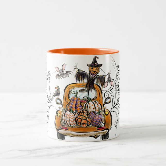 Fall Pumpkin Patch Truck with bats scarecrow bird  Two-Tone Coffee Mug (Center)