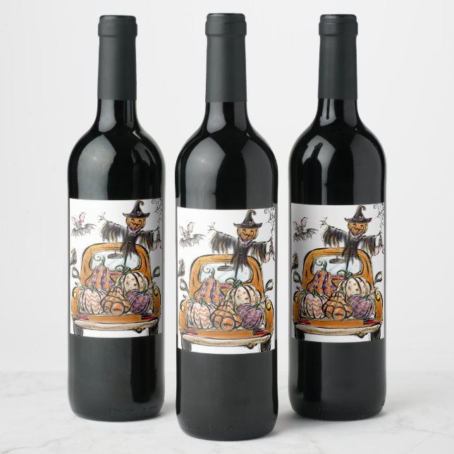 Fall Pumpkin Patch Truck with bats scarecrow bird  Wine Label (Bottles)