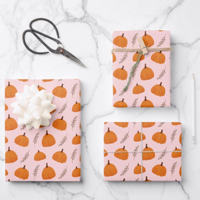 Fall Pumpkin Pattern Pink Wrapping Paper Sheet (Front)