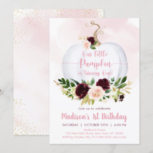 Fall Pumpkin Pink Burgundy Gold First Birthday Invitation
