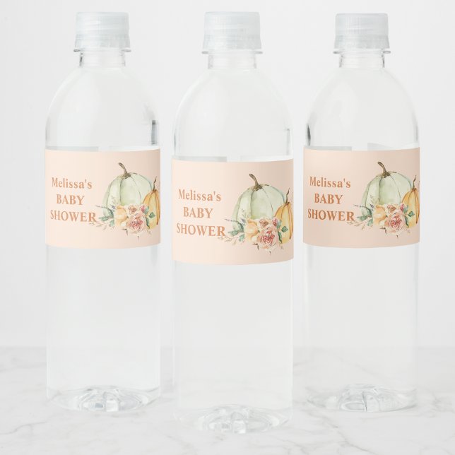 Fall Pumpkin Pink Floral Water Bottle Label (Creator Uploaded)