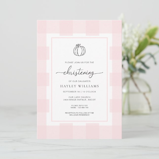 Fall Pumpkin Pink Gingham Christening Invitation (Standing Front)