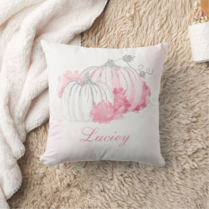 Fall Pumpkin Pink Girly Glitter Watercolor Floral  Throw Pillow