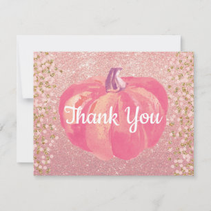 Fall Pumpkin Pink Rose Gold Glitter Thank You Card
