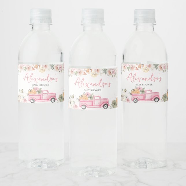 Fall Pumpkin Pink Truck Baby Shower  Water Bottle Label (Bottles)