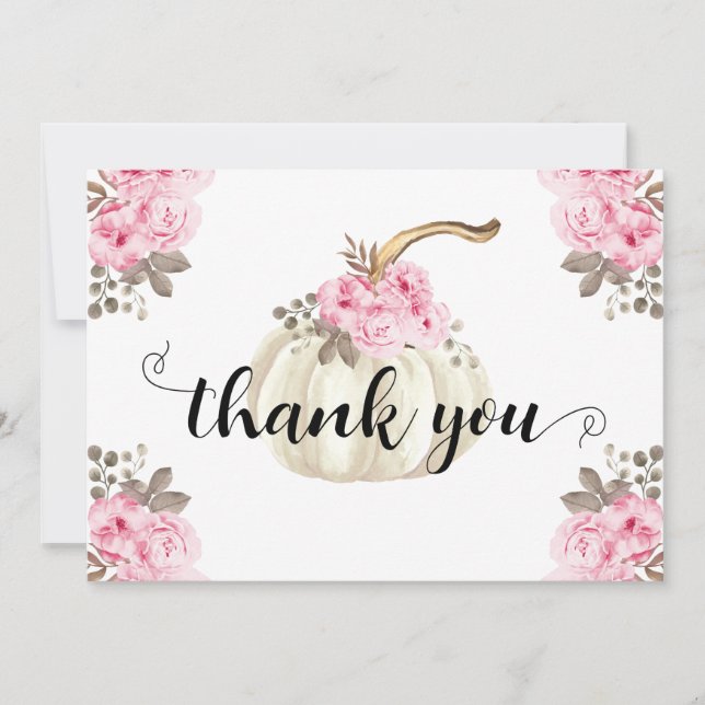 Fall Pumpkin Pink Watercolor Floral Thank You (Front)