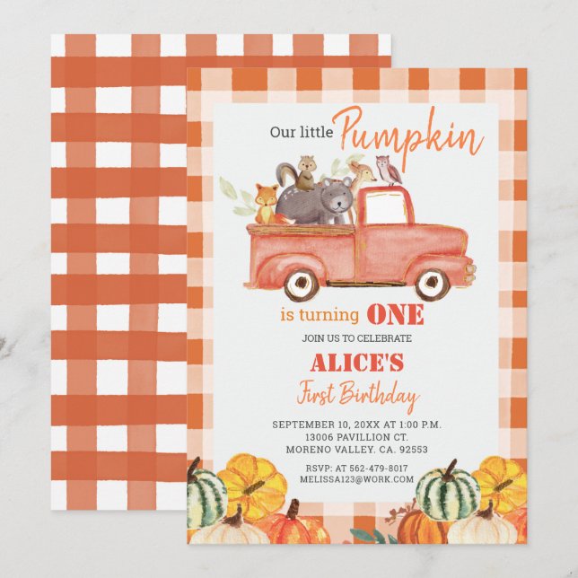 Fall Pumpkin Red Truck Watercolor birthday Invitation (Front/Back)