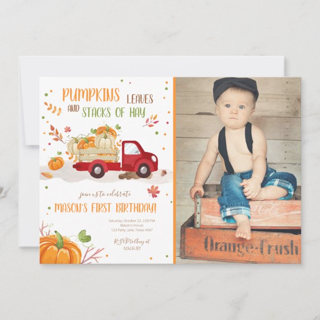 Fall Pumpkin RedTruck Orange Green Boy Birthday Invitation (Front)