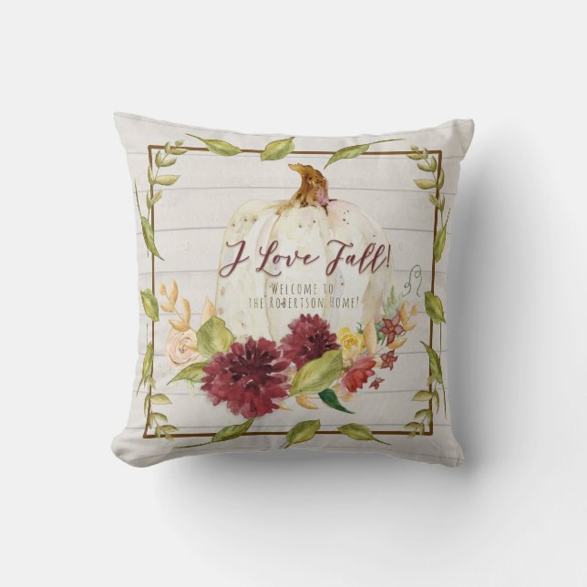 Fall Pumpkin Rustic Farmhouse Burgundy Floral Love Throw Pillow (Front)
