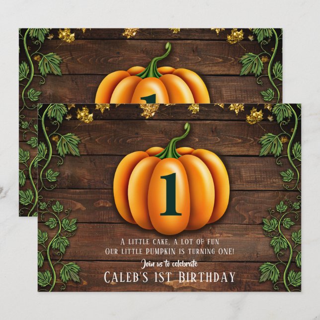Fall Pumpkin Rustic Green and Gold Ivy Birthday Invitation (Front/Back)