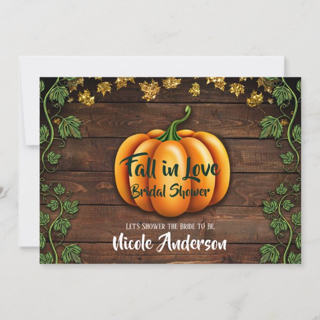 Fall Pumpkin Rustic Green Gold Ivy Bridal Shower Invitation (Front)