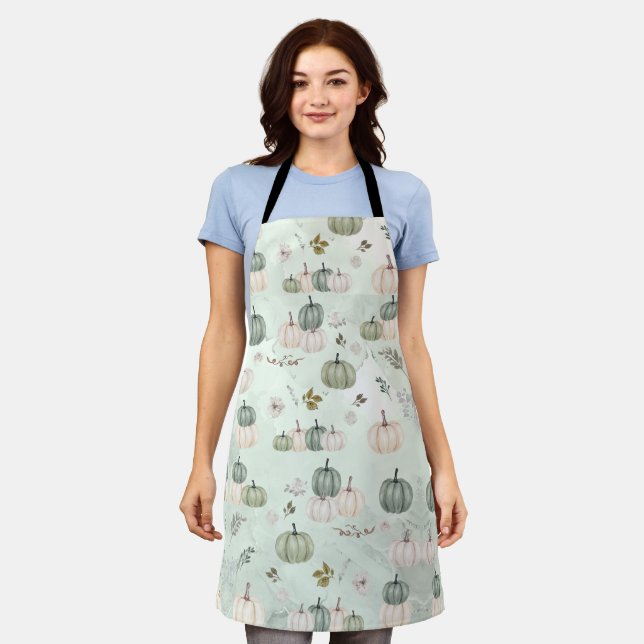 Fall Pumpkin Sage Green Thanksgiving Dinner Apron (Worn)