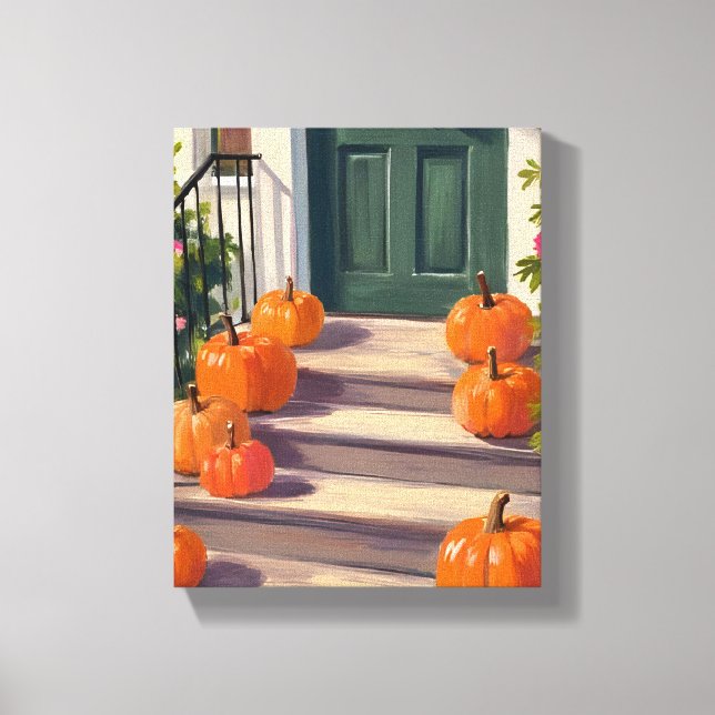 Fall Pumpkin Stoop | Autumn Thanksgiving Painted Canvas Print (Front)