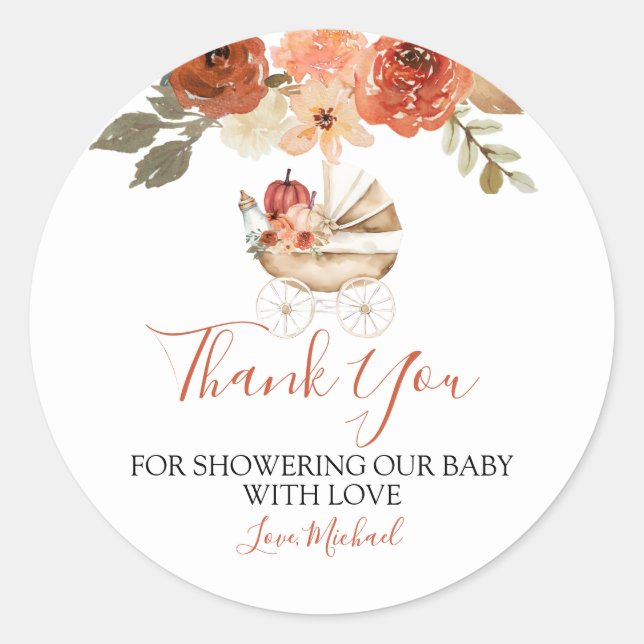 Fall Pumpkin Stroller Floral Baby Shower Thank You Classic Round Sticker (Front)