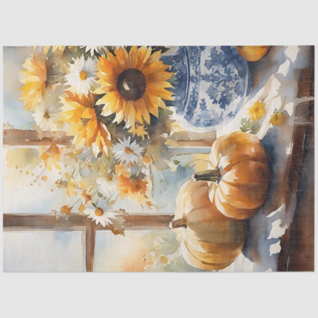 Fall Pumpkin Sunflower Floral Blue White Decoupage Tissue Paper (Front)