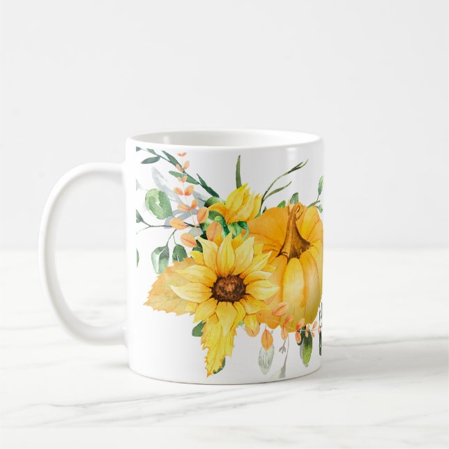 Fall pumpkin, sunflowers, and greenery  coffee mug (Left)