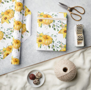 Fall pumpkin, sunflowers, and greenery  wrapping paper