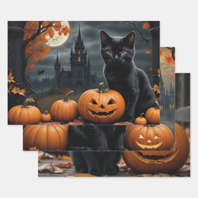 Fall Pumpkin Sweet Black kitten decoupage  Wrapping Paper Sheet (Set)